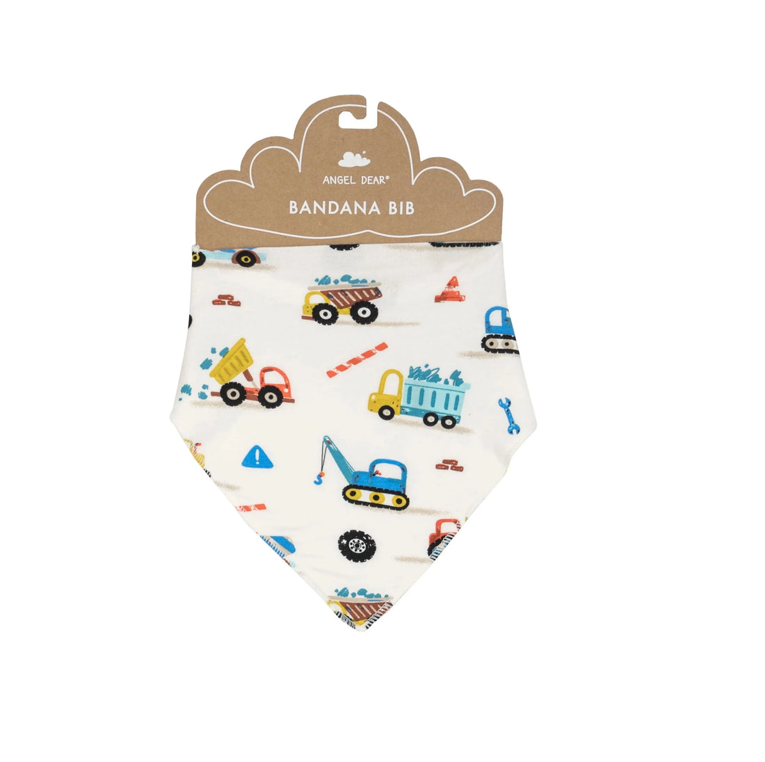 white bandana bib with colorful crayon construction trucks