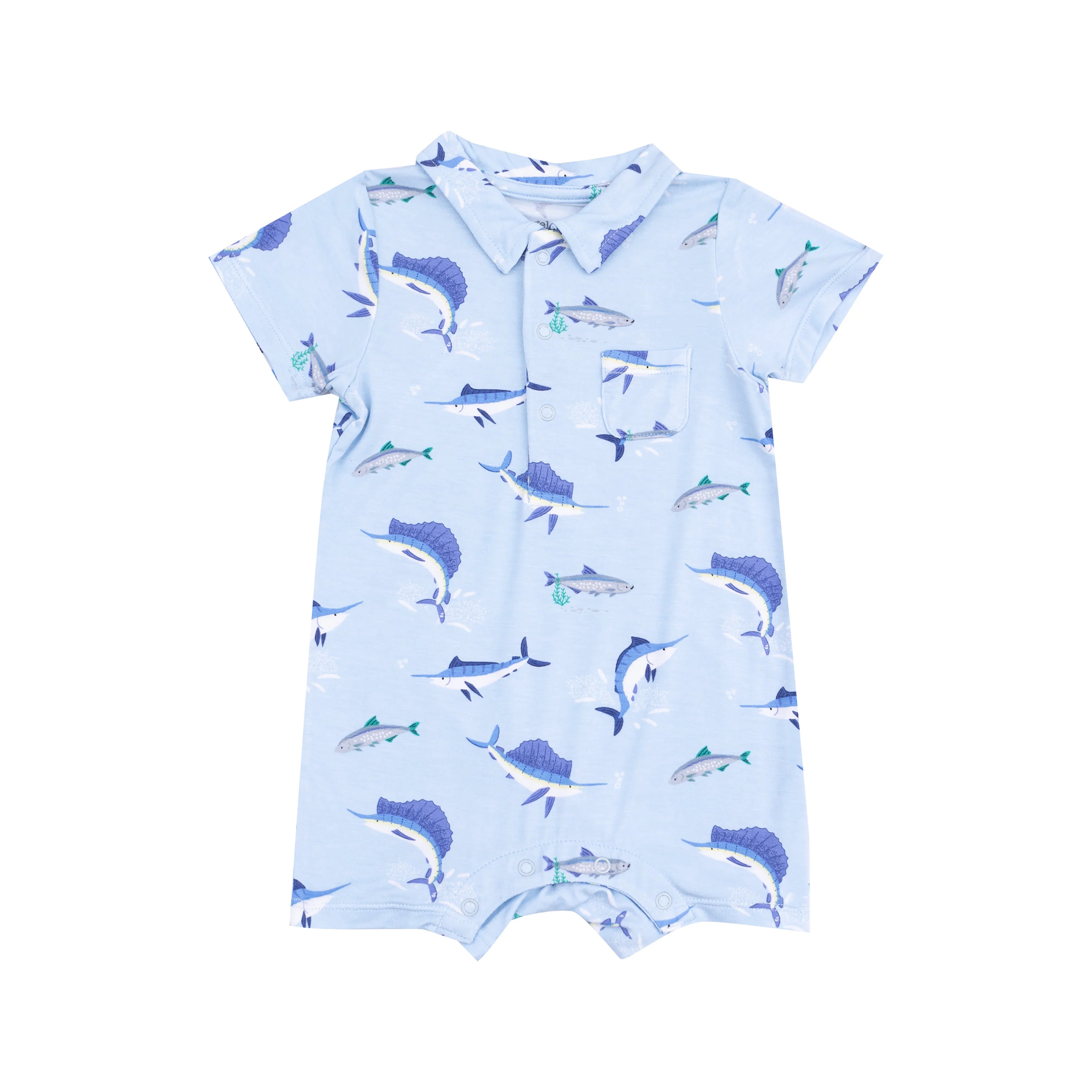 blue polo shortie with big fish printed all over
