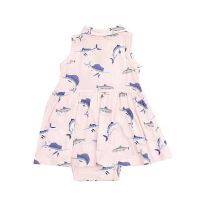 pink dress with deep sea fishing print with polo collar