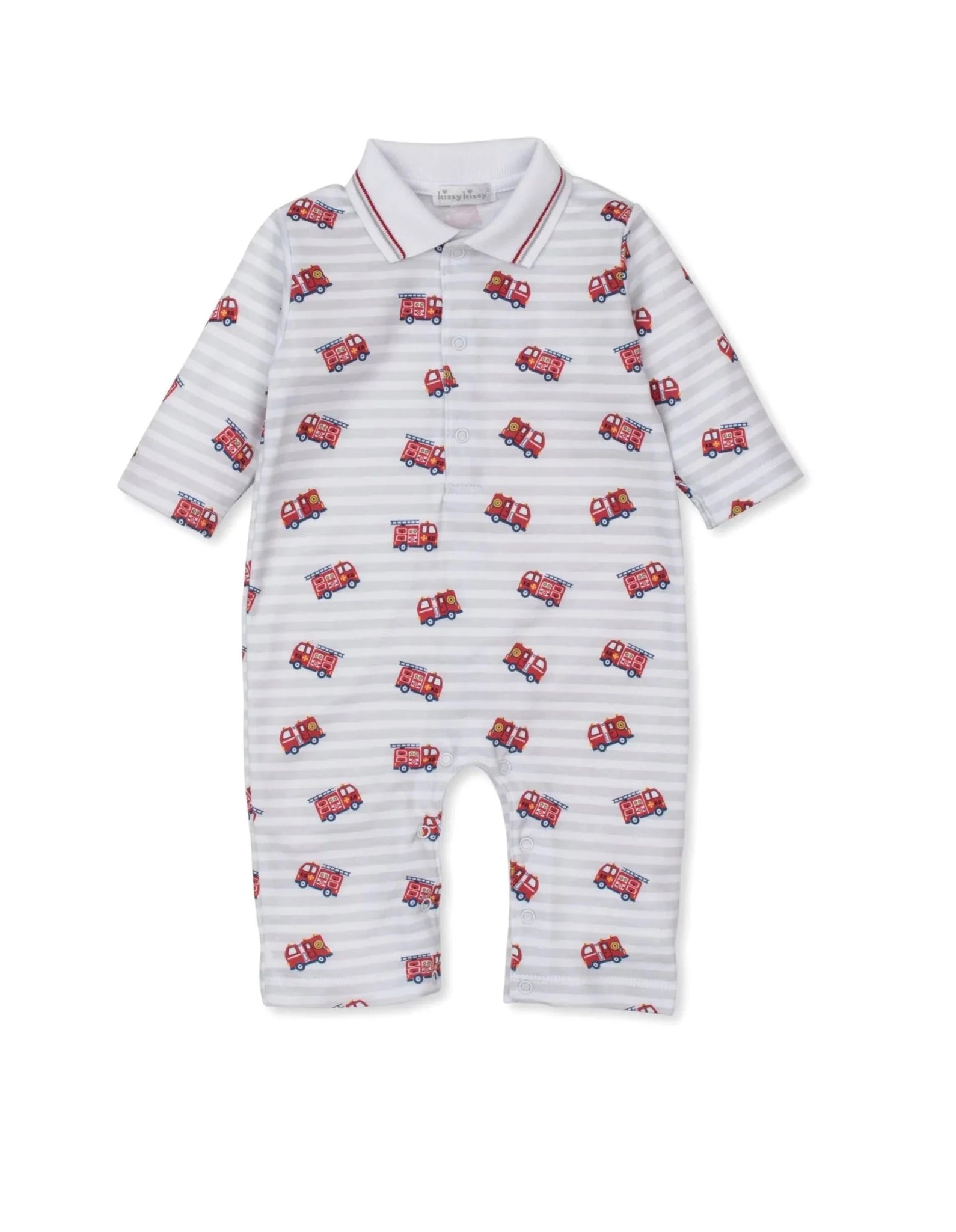 grey and white striped polo long sleeve and long pant playsuit with red firetrucks all over