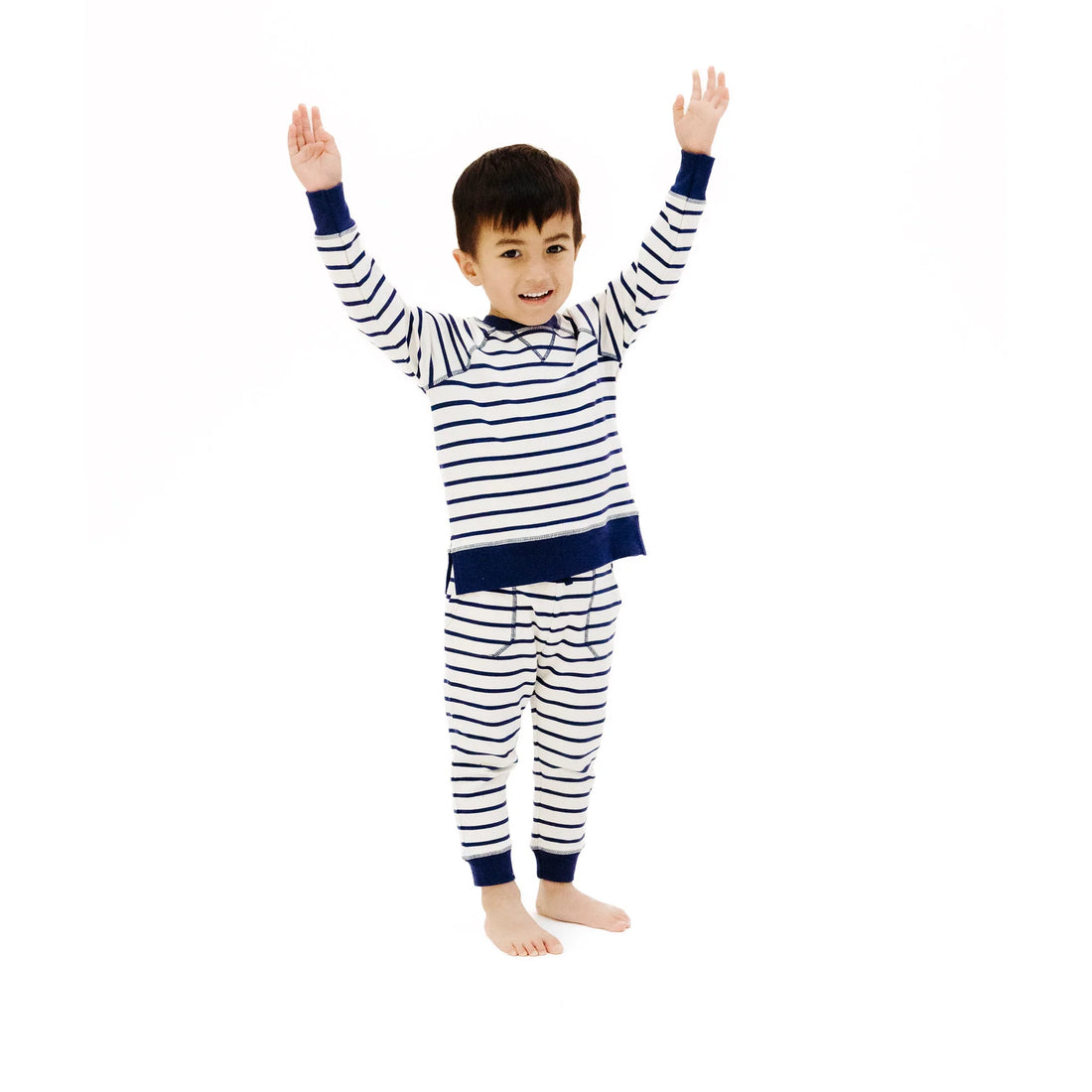 navy and white striped french terry sweatshirt and jogger kids set
