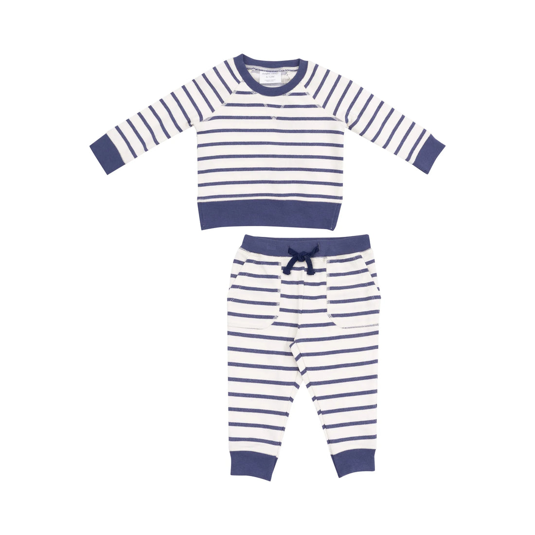 navy and white striped french terry sweatshirt and jogger kids set