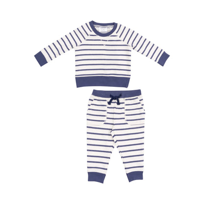 navy and white striped french terry sweatshirt and jogger kids set