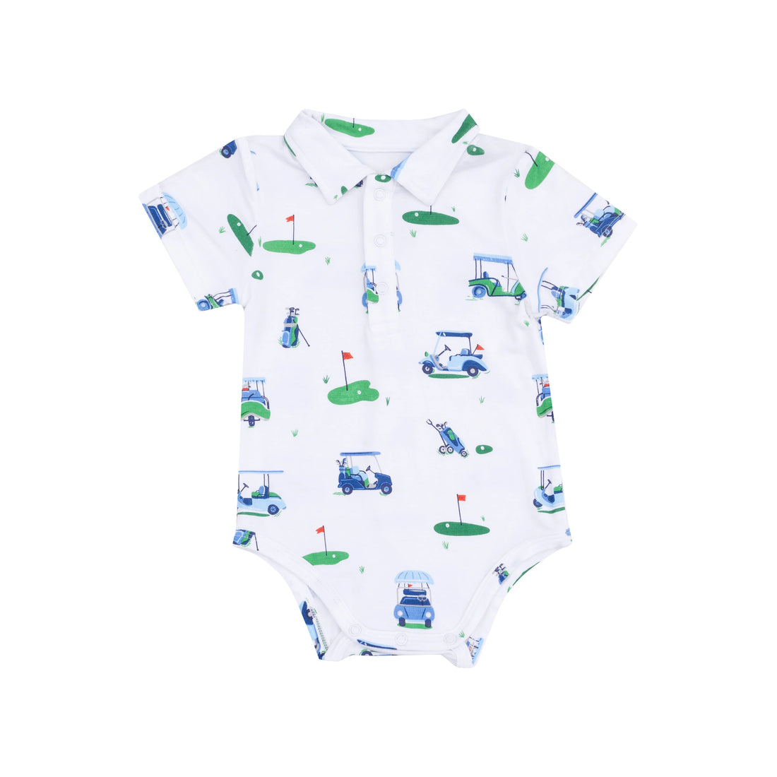 white polo onesie with golf print