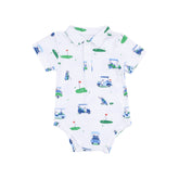 white polo onesie with golf print