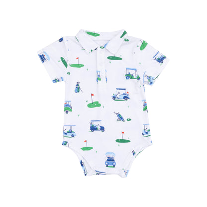white polo onesie with golf print