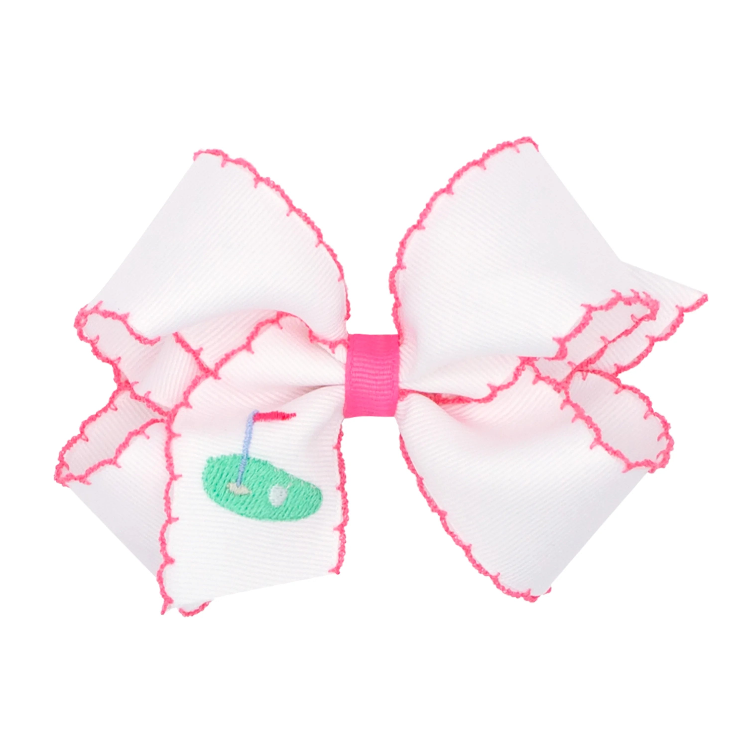 White/Pink Embroidered Golf Green Medium Grosgrain Hair Bow