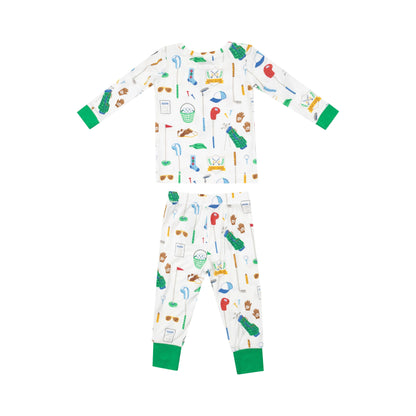 white two piece pajamas with golf designs all over