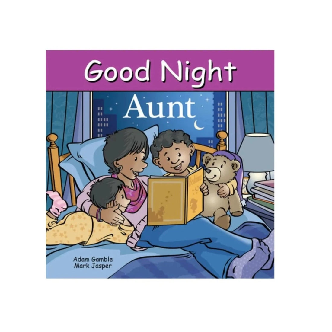 Good Night Aunt book - shows aunt with two kids reading a bedtime story