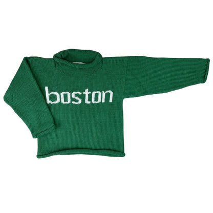 green sweater with white boston