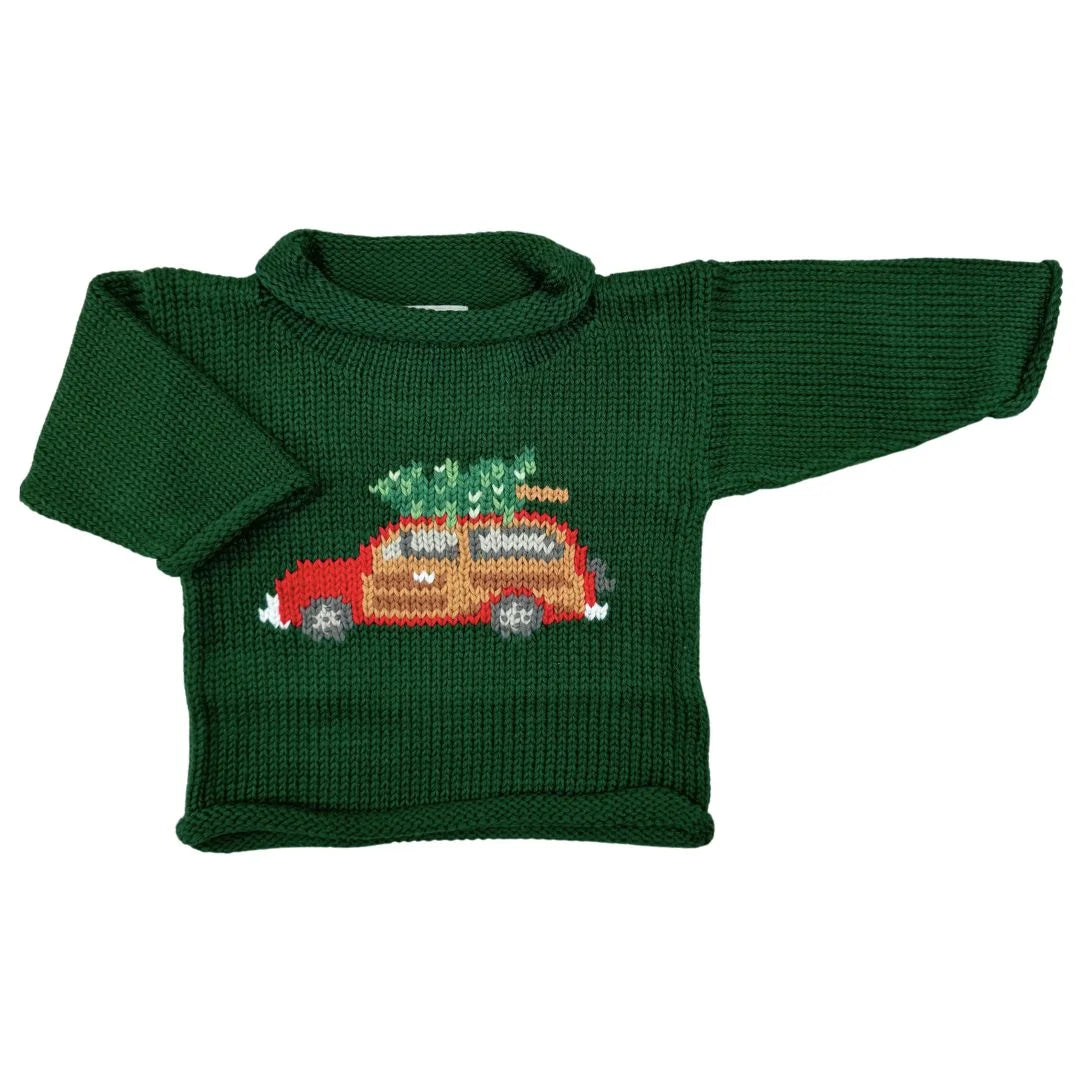 Hunter Green Woody Wagon Christmas Roll Neck Sweater