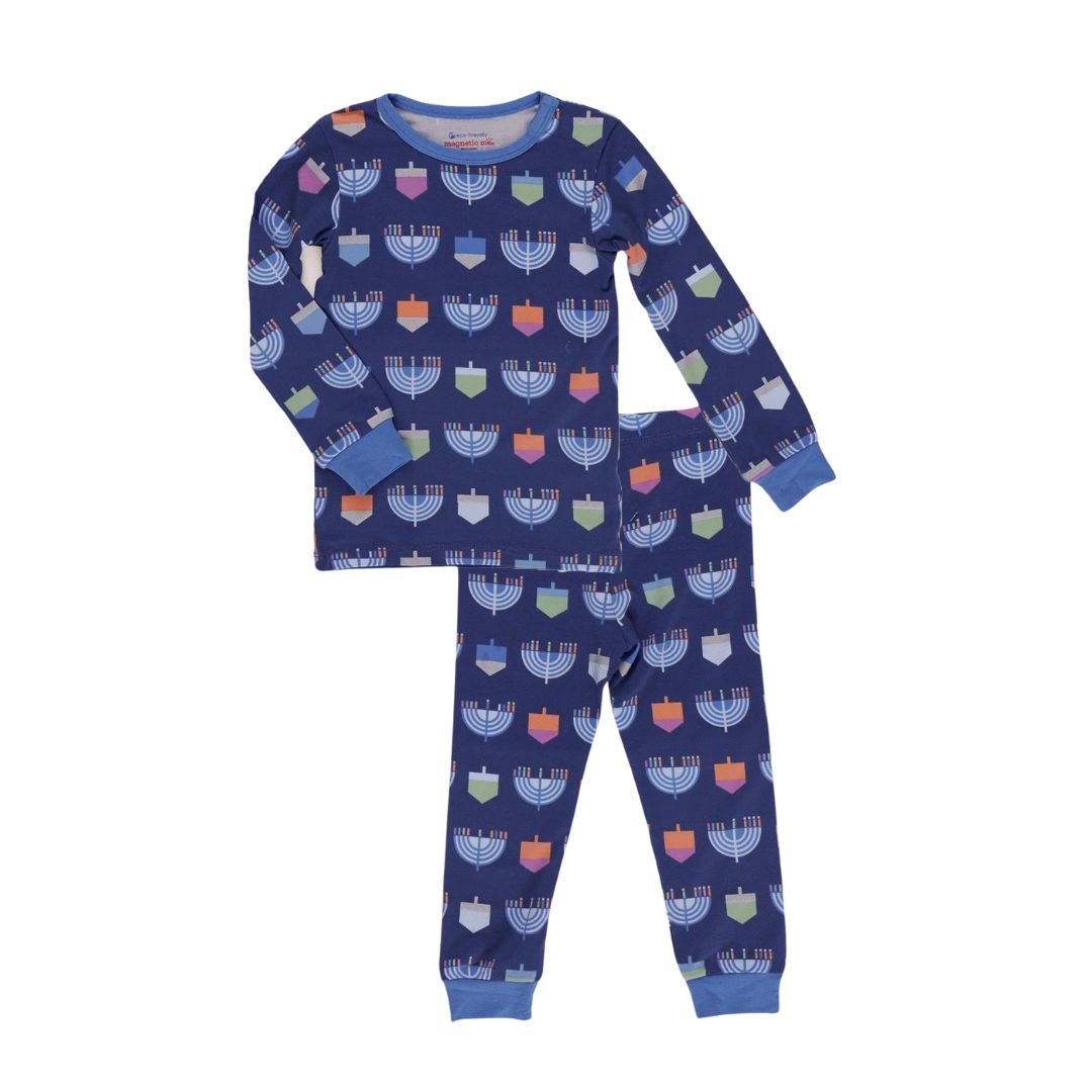 blue kids hanukkah pajamas with menorahs