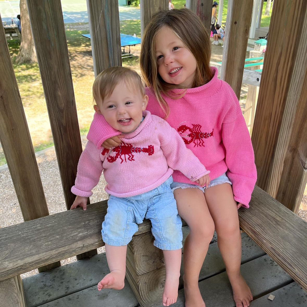 older girl is wearing Bright Pink Lobster sweater and baby is wearing Pink Lobster sweater