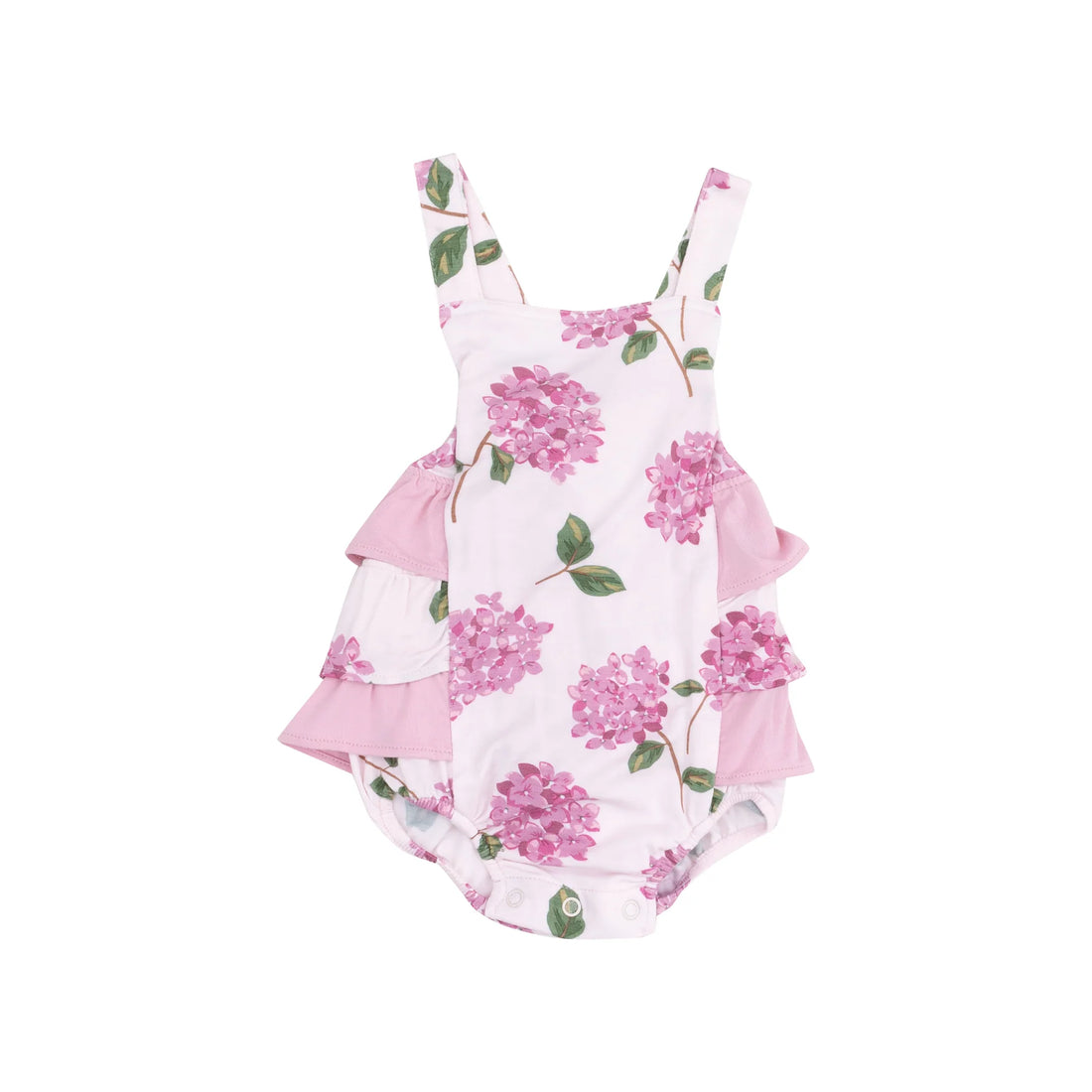 pink baby sunsuit with pink hydrangeas