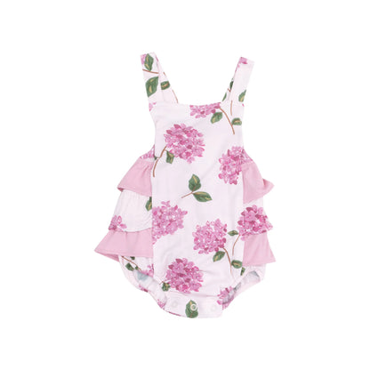 pink baby sunsuit with pink hydrangeas
