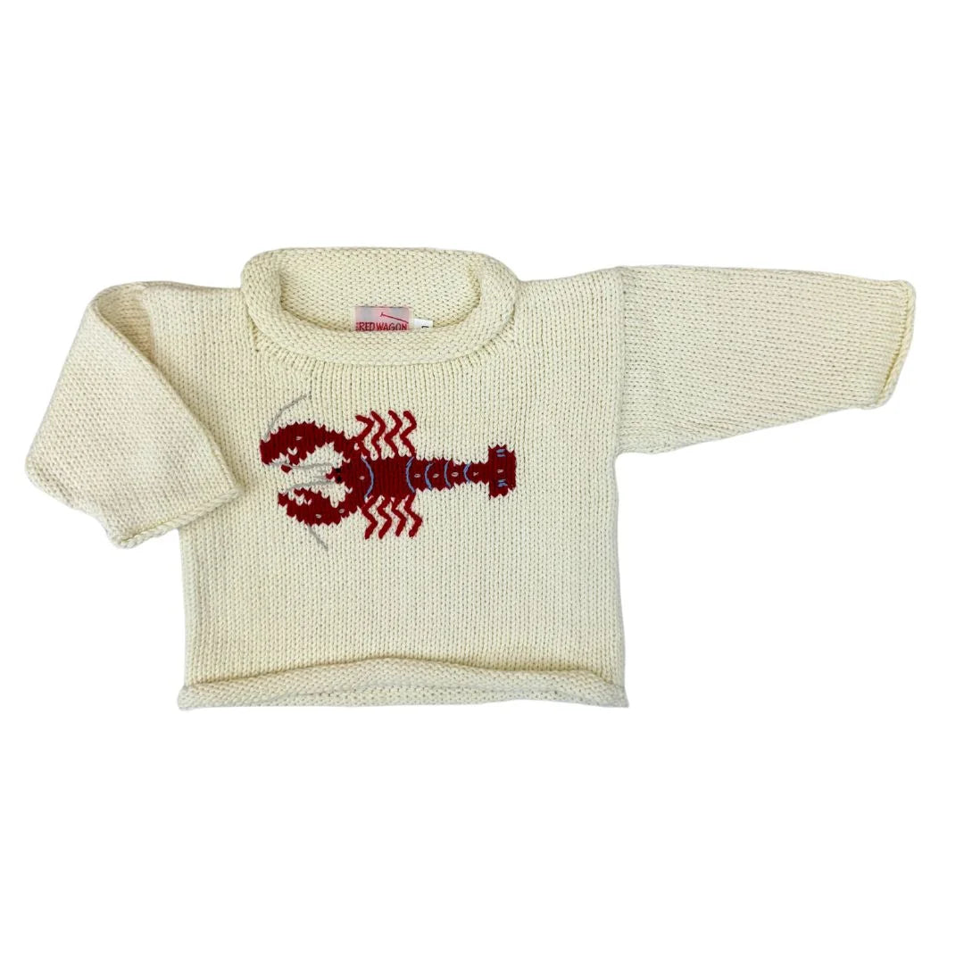 ivory roll neck sweater with red horizontal lobster knitted on front center