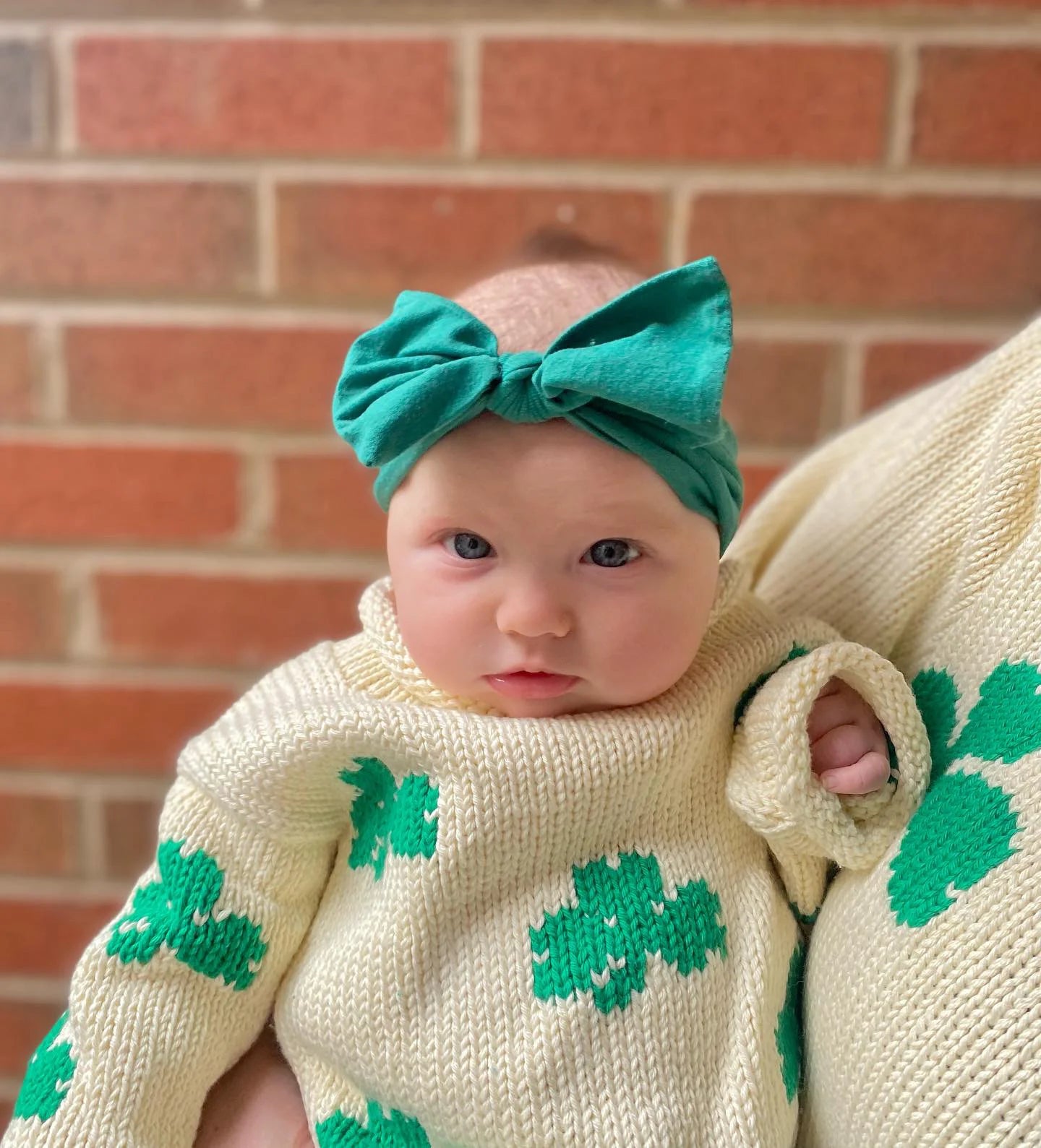 ivory roll neck sweater with green shamrocks knitted all over