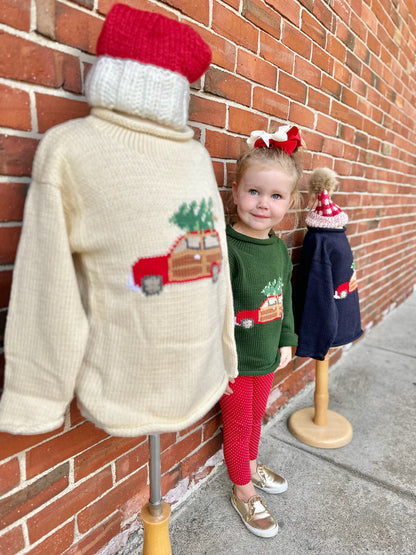 Hunter Green Woody Wagon Christmas Roll Neck Sweater