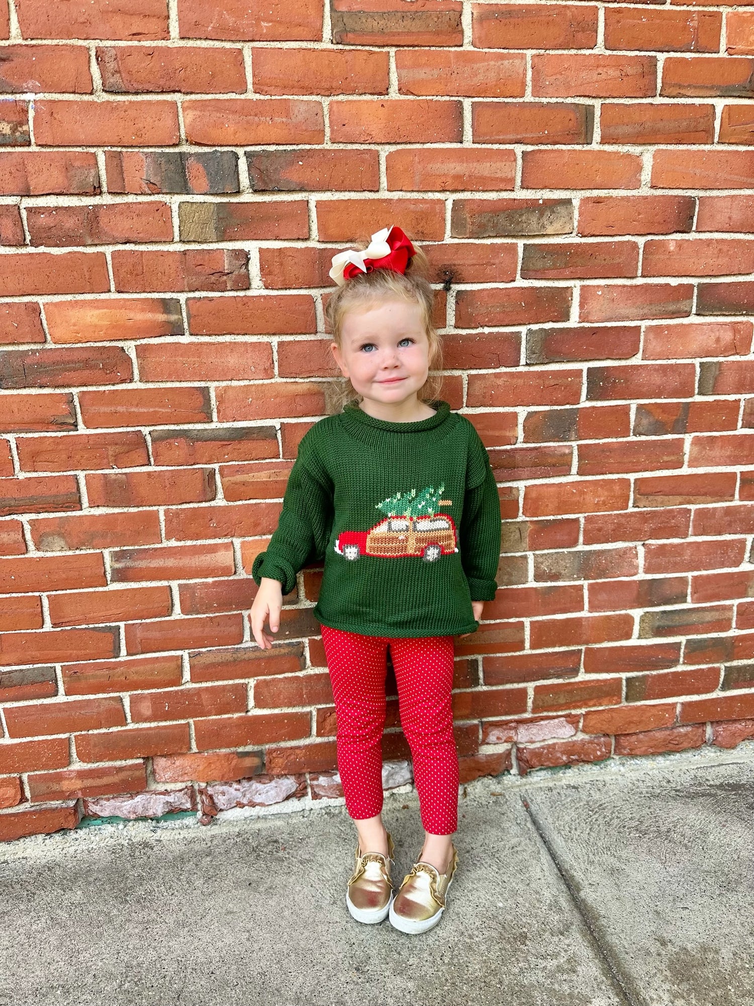 Hunter Green Woody Wagon Christmas Roll Neck Sweater