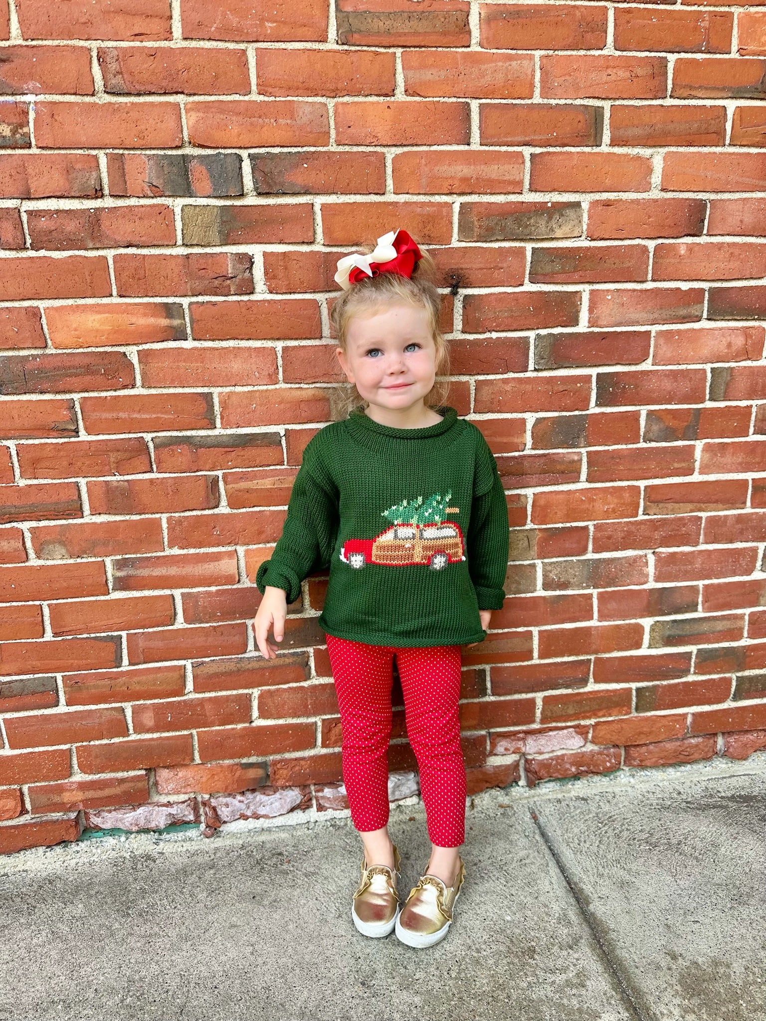 Hunter Green Woody Wagon Christmas Roll Neck Sweater