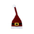 red santa hat with white trim and white pom, has a santa belt bucket black with yellow buckle design