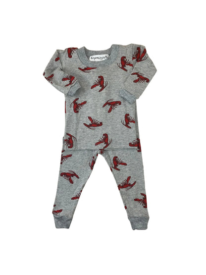 gray 2 piece pajamas with red lobsters all over