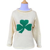 long sleeve ivory sweater with single green shamrock in center