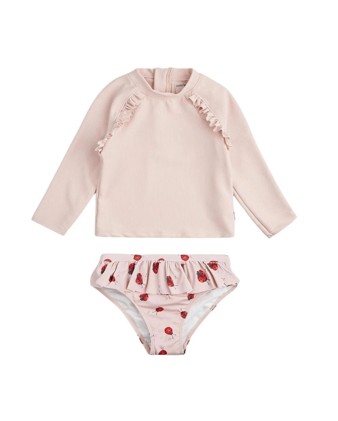 pink rashguard top and ladybug bottom baby swimsuit