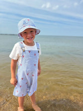 boy on the beach wearing lobster overalls