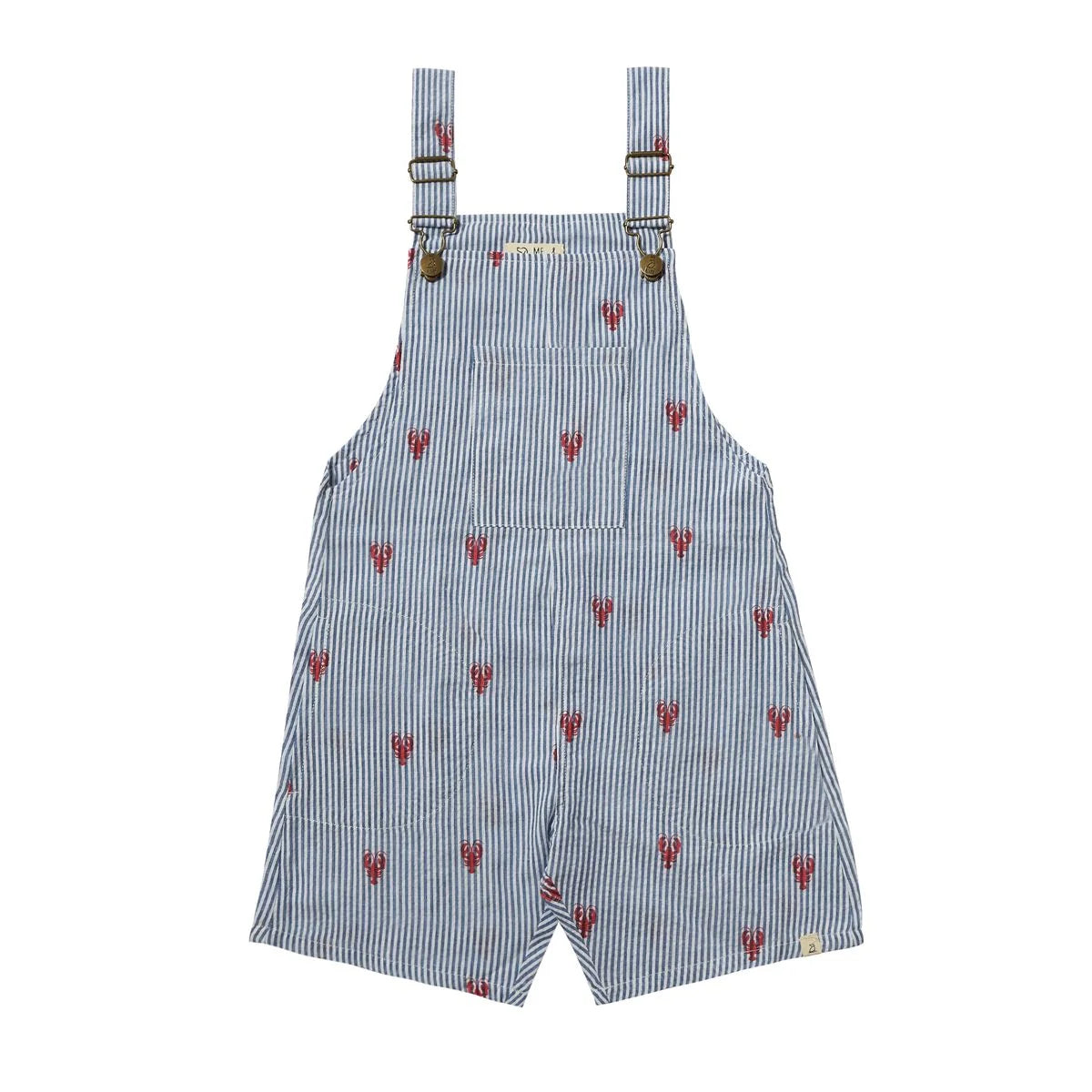 blue and white striped seersucker overalls with red embroidered lobsters all over