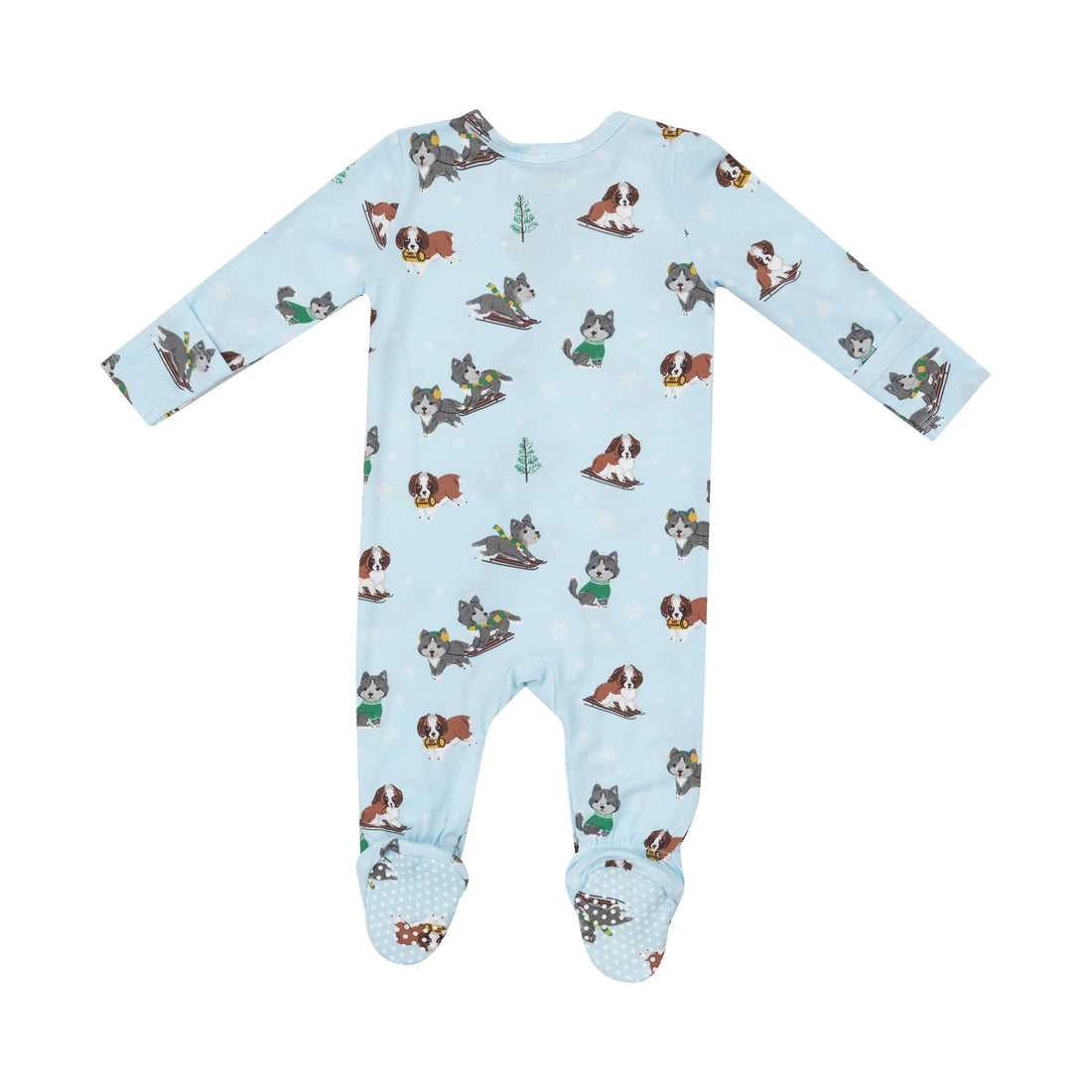 blue baby footie with different breed mush puppies on sleds and green trees