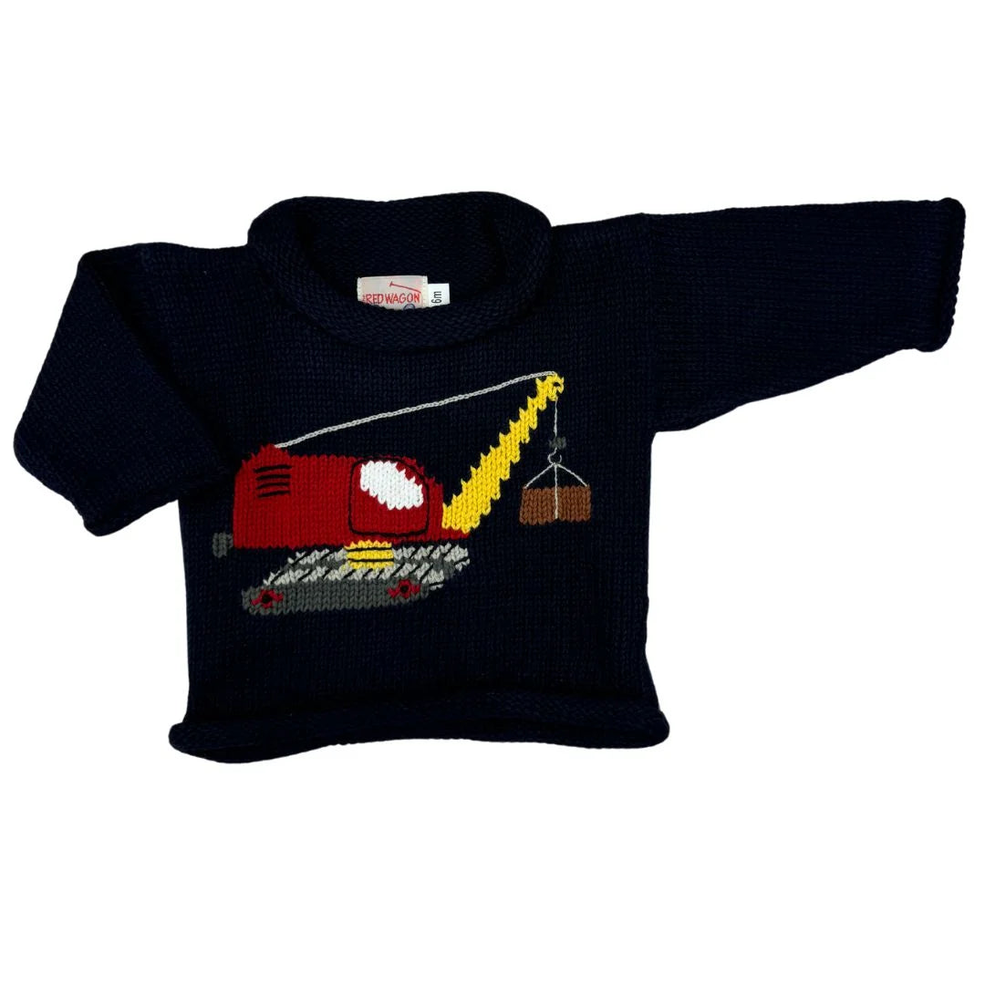 navy long sleeve sweater with red and yellow crane