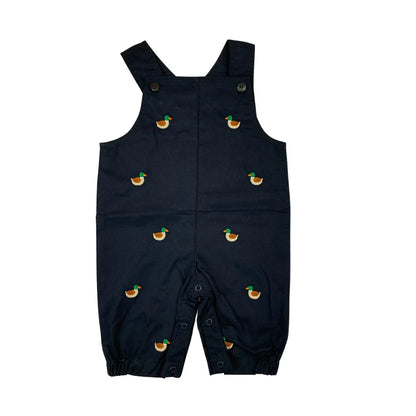 navy blue overalls with embroidered mallard ducks