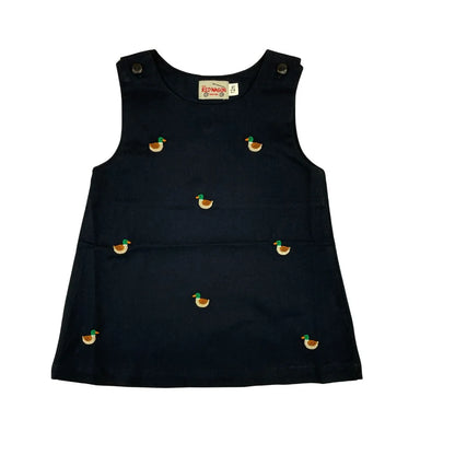 navy dress with embroidered mallard ducks all over