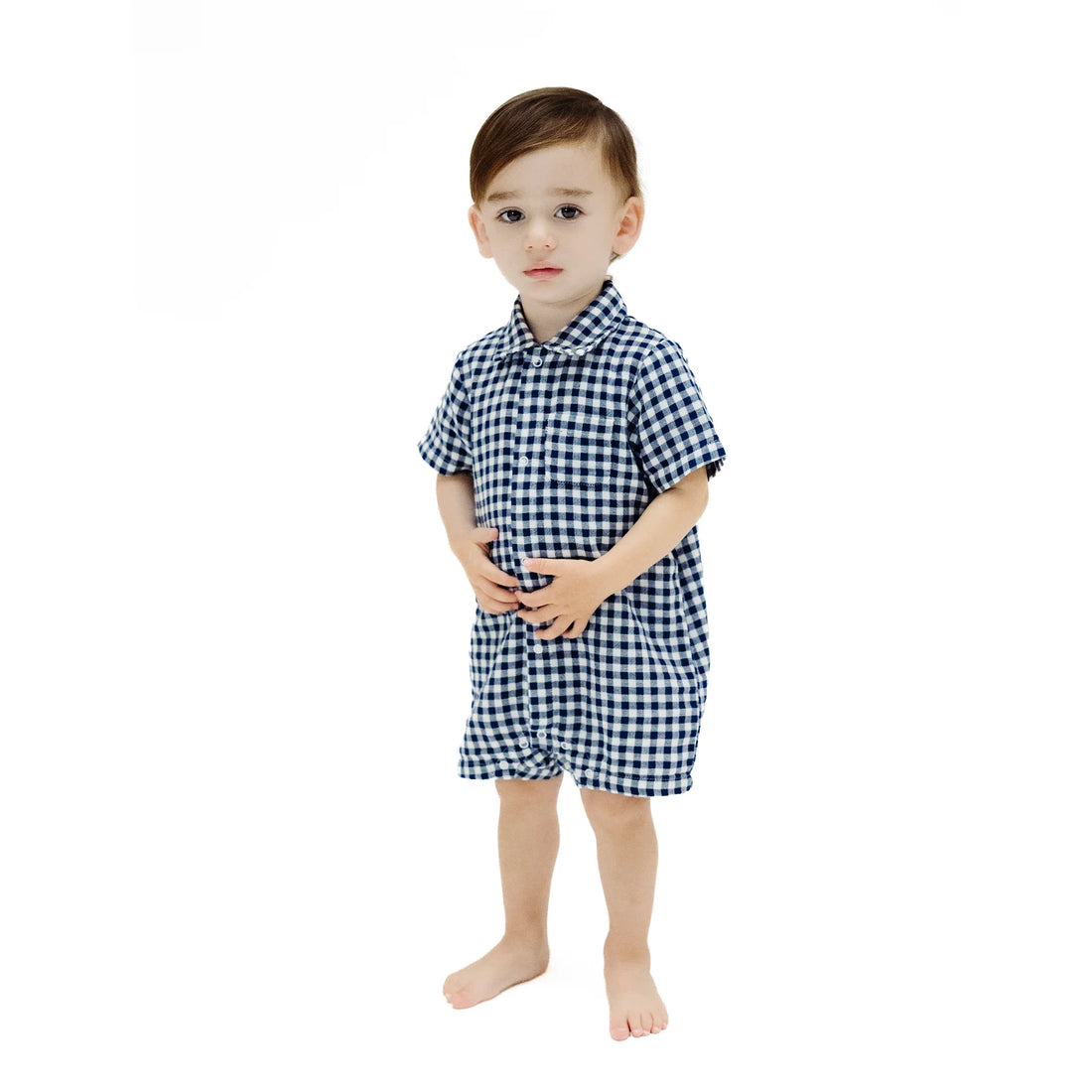 navy gingham romper
