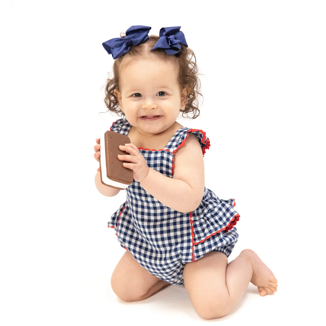 navy gingham sunsuit with red scalloped trim baby girl outfit