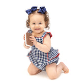 navy gingham sunsuit with red scalloped trim baby girl outfit