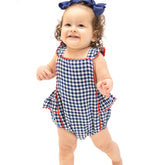navy gingham sunsuit with red scalloped trim baby girl outfit