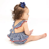 navy gingham sunsuit with red scalloped trim baby girl outfit
