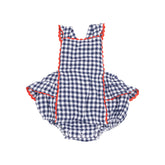 navy gingham sunsuit with red scalloped trim baby girl outfit
