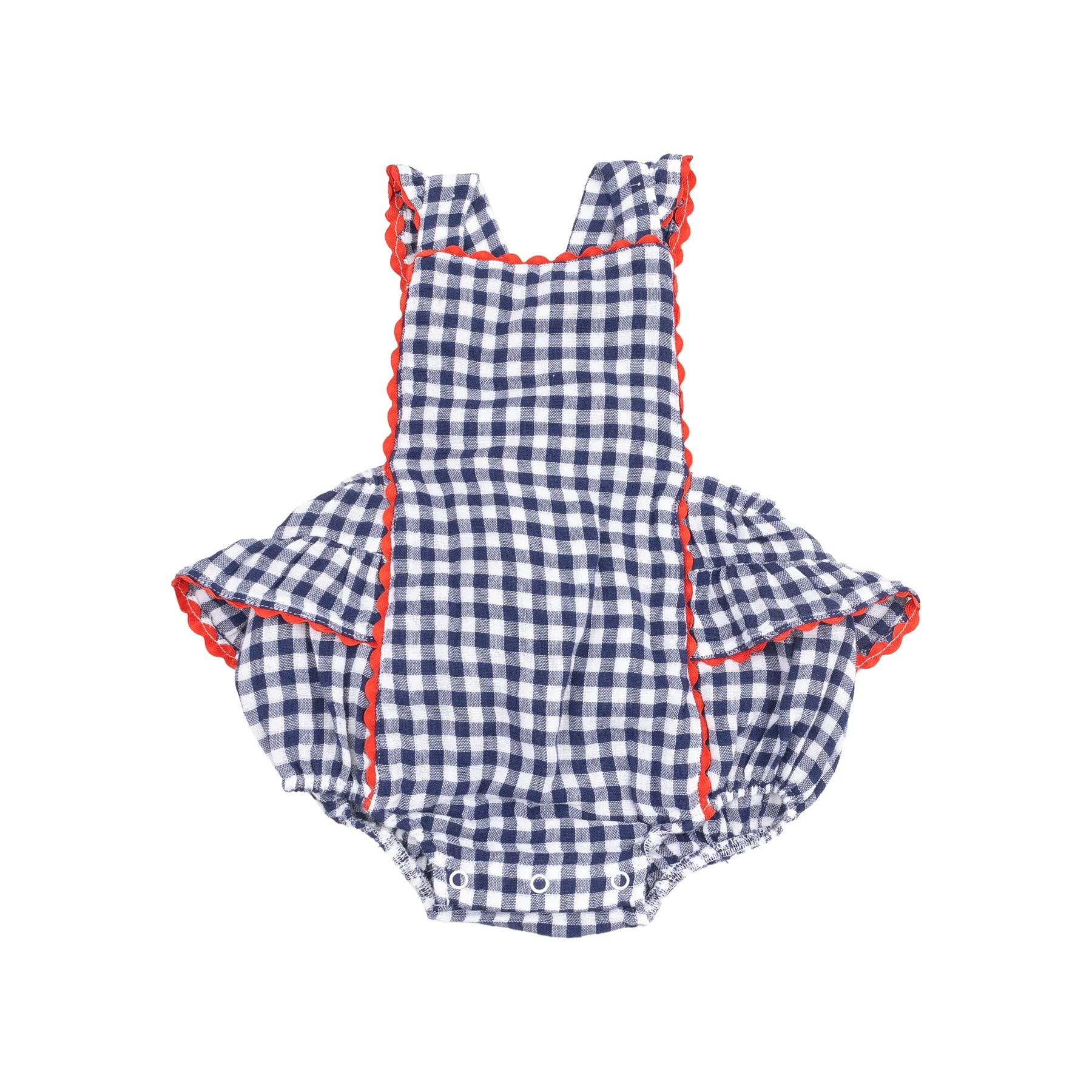 navy gingham sunsuit with red scalloped trim baby girl outfit