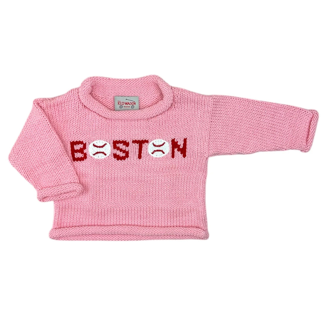 pink long sleeve sweater with BOSTON but the O letters are baseballs
