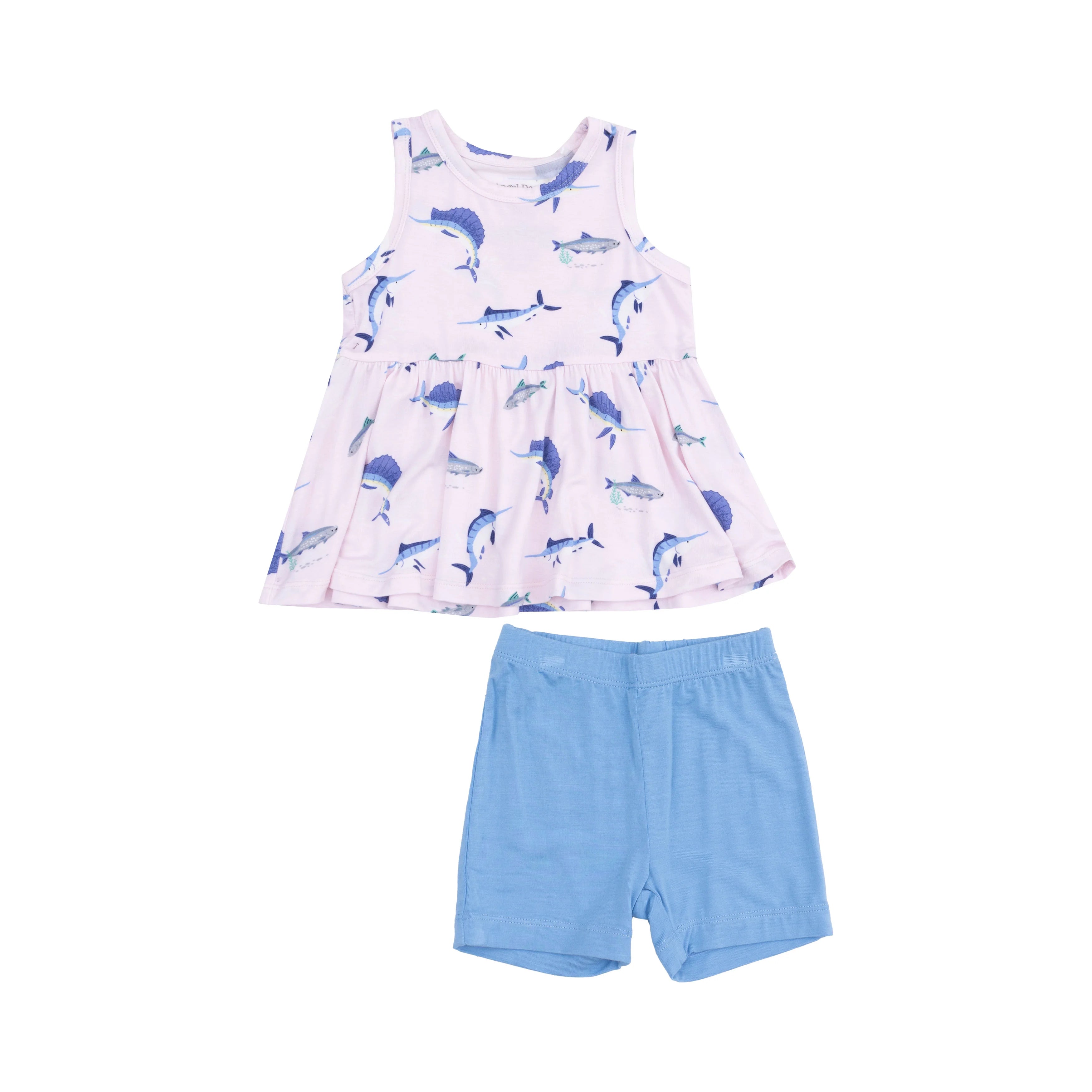 pink tank top with fish print and blue shorts