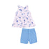 pink tank top with fish print and blue shorts