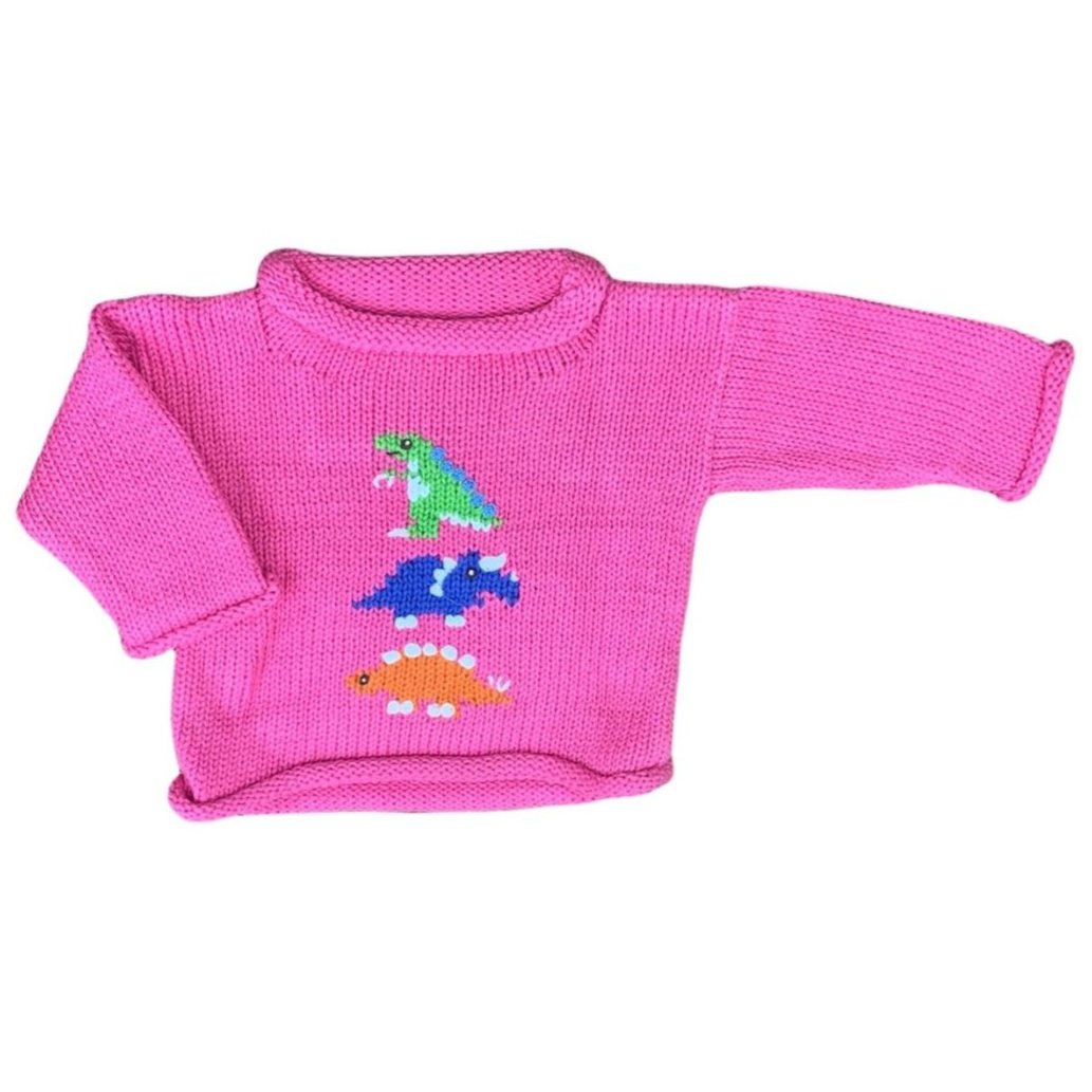 Pull rose à col roulé avec trois dinosaures 