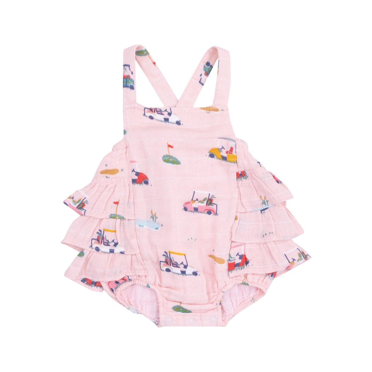 pink ruffle sunsuit with golf design