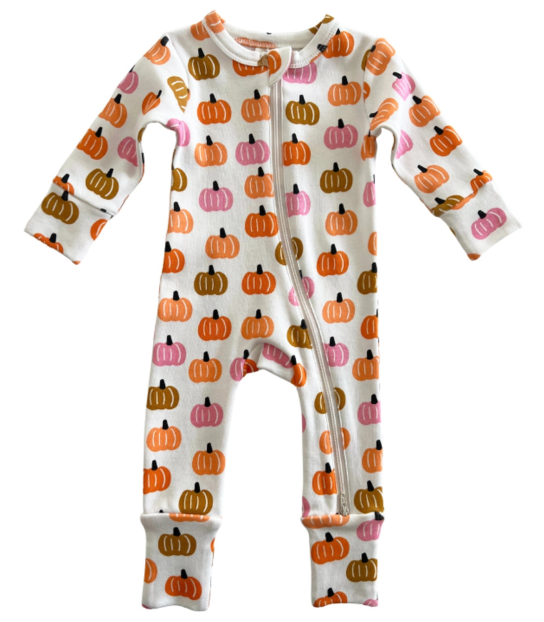 romper with orange, tan and pink pumpkins all over