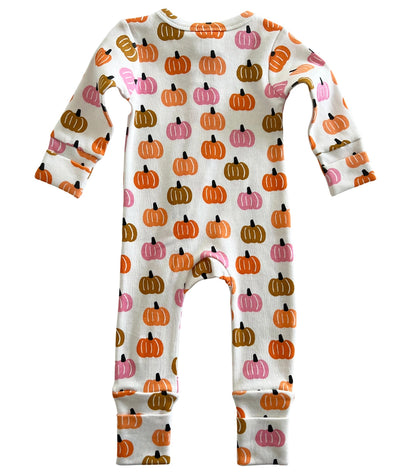 romper with orange, tan and pink pumpkins all over