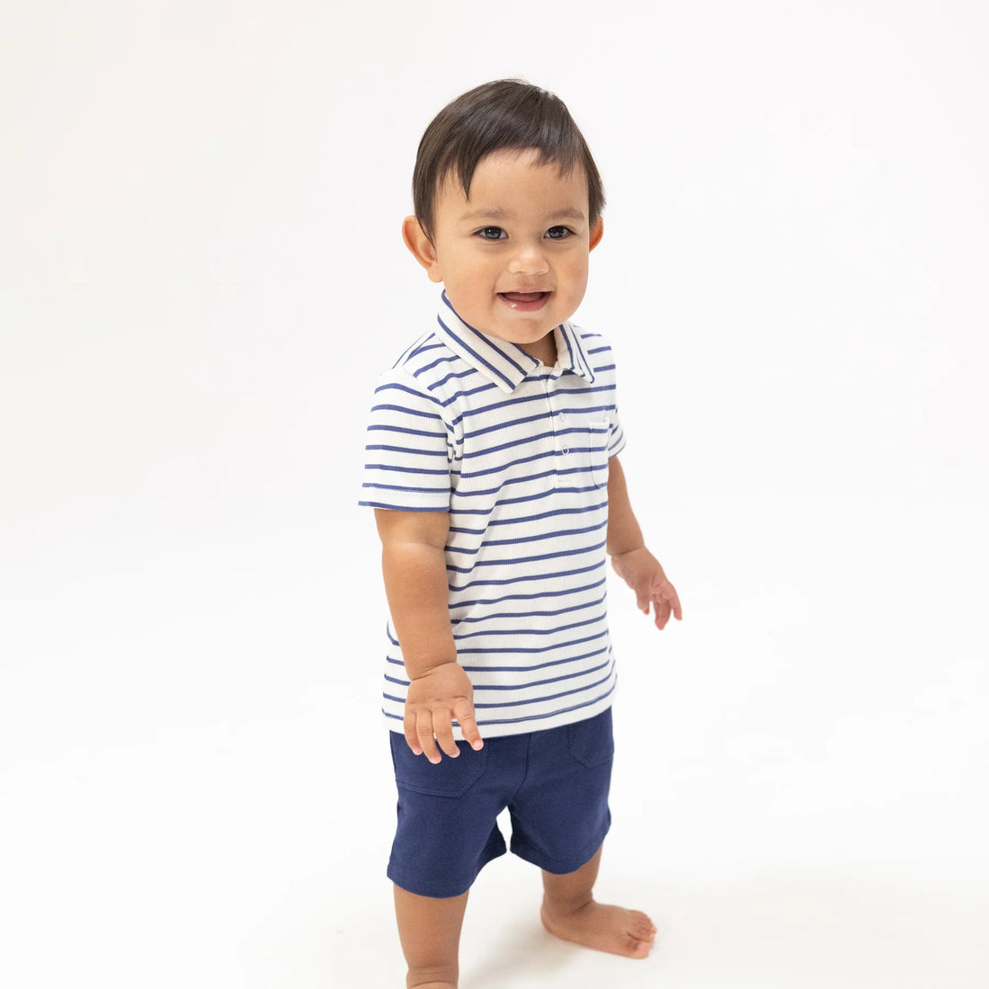 navy stripe polo and navy shorts kids set