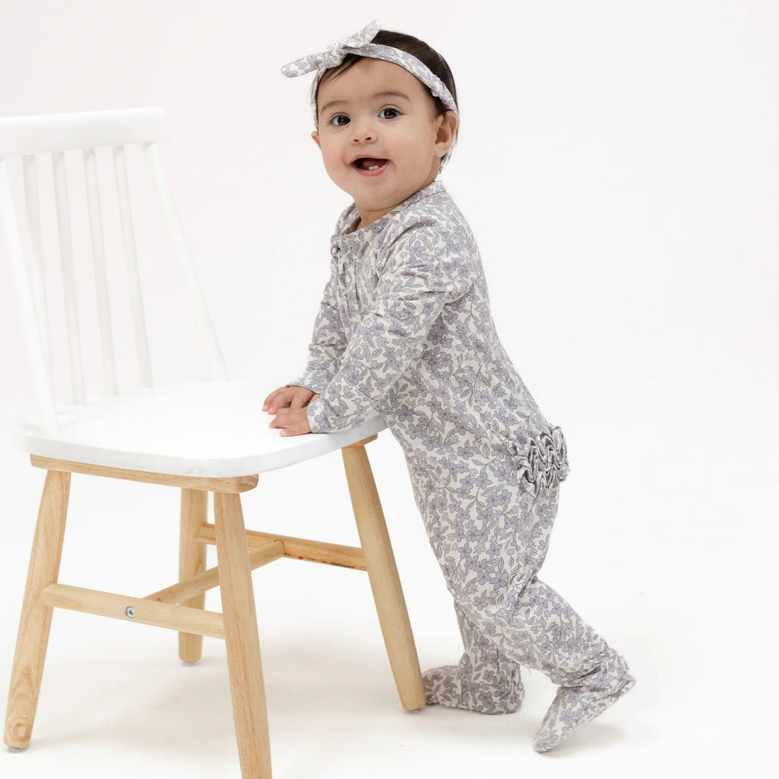 baby girl purple floral ruffle footie